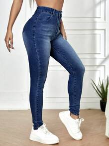 Jeans ajustados desgarro de talle alto - Azul lavado oscuro - Ver 3