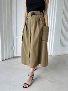 DAZY Chân váy cargo có túi nắp bên hông và thắt lưng. - màu nâu - Xem 3