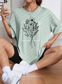 INAWLY 花卉印花落肩超大 T 恤图案 T 恤女式上衣 - 薄荷綠 - 查看 1