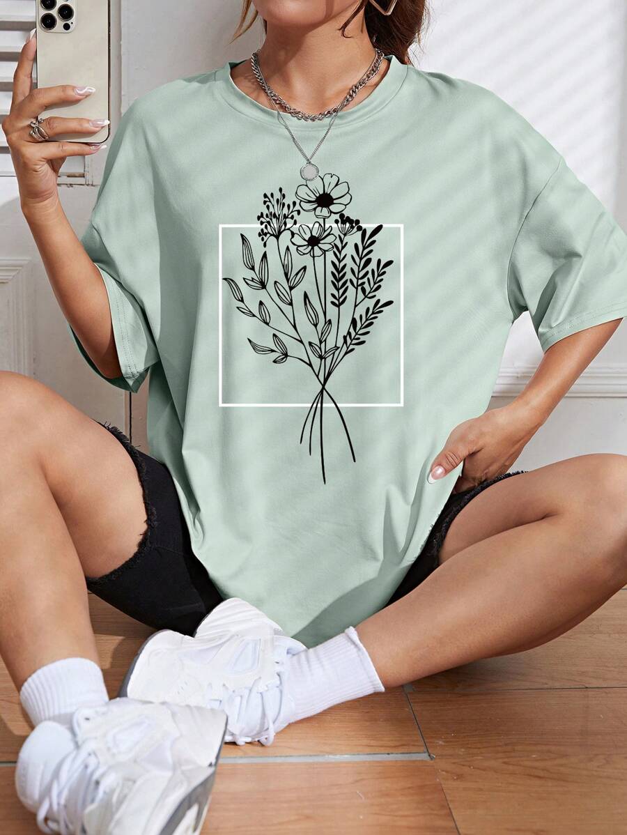 INAWLY 花卉印花落肩超大 T 恤图案 T 恤女式上衣 - 薄荷綠 - 查看 1