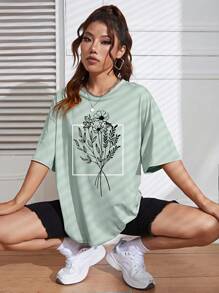 INAWLY 花卉印花落肩超大 T 恤图案 T 恤女式上衣 - 薄荷綠 - 查看 6