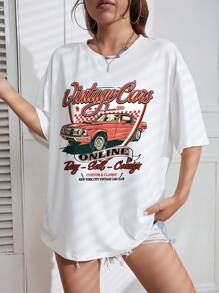 SHEIN EZwear Áo thun nữ Ô tô/xe hơi Lá thư Giải trí - trắng - Xem 3
