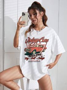 SHEIN EZwear Áo thun nữ Ô tô/xe hơi Lá thư Giải trí - trắng - Xem 5
