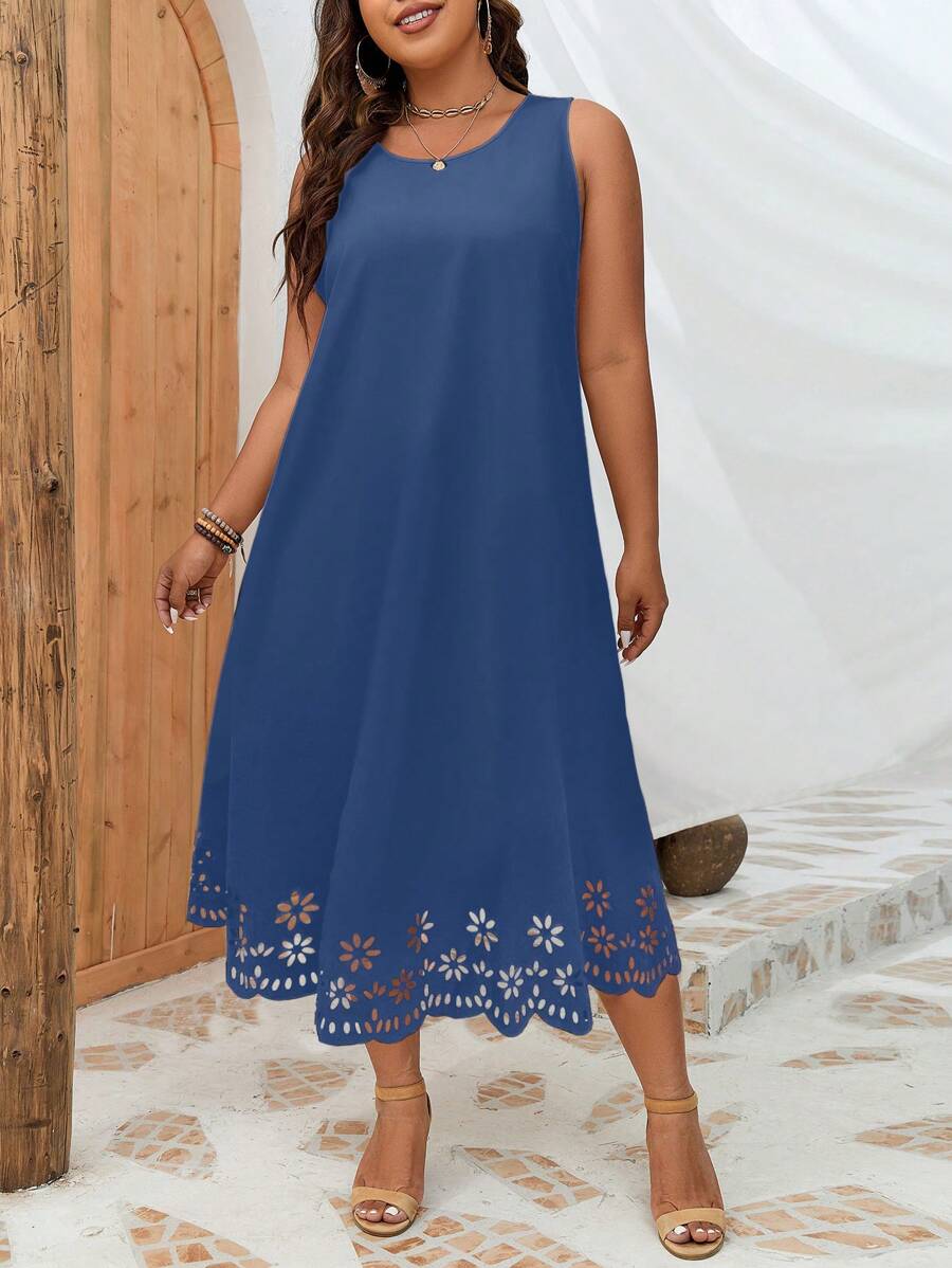 SHEIN LUNE Plus Laser Cut Out Scallop Trim Tank Dress - Blue - View 1