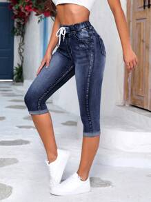 Drawstring Waist Roll Up Hem Capri Skinny Jeans
