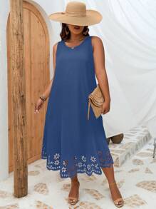 SHEIN LUNE Plus Laser Cut Out Scallop Trim Tank Dress - Blue - View 3