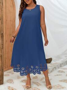 SHEIN LUNE Plus Laser Cut Out Scallop Trim Tank Dress - Blue - View 5