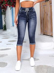 Drawstring Waist Roll Up Hem Capri Skinny Jeans