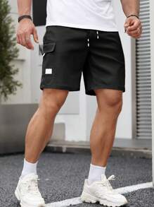 Manfinity Homme Men Flap Pocket Drawstring Waist Shorts - Black - View 3