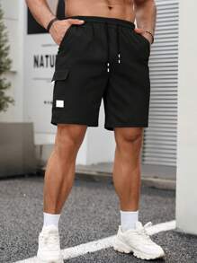 Manfinity Homme Men Flap Pocket Drawstring Waist Shorts - Black - View 7