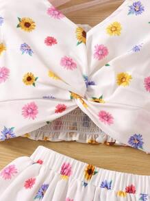 女大童印花前扭結T恤和裙子 - 白色 - 查看 4