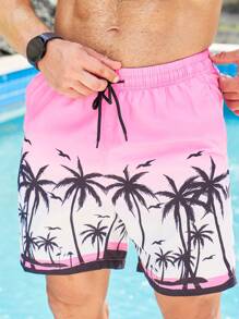 Manfinity 男士椰子樹圖案腰部抽繩泳褲 - 彩色 - 查看 3