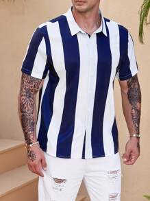 Manfinity Homme Men Plus Striped Print Shirt - Blue and White - View 5