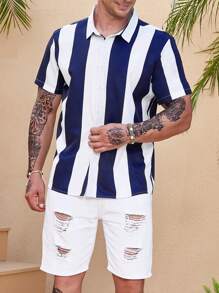 Manfinity Homme Men Plus Striped Print Shirt - Blue and White - View 6