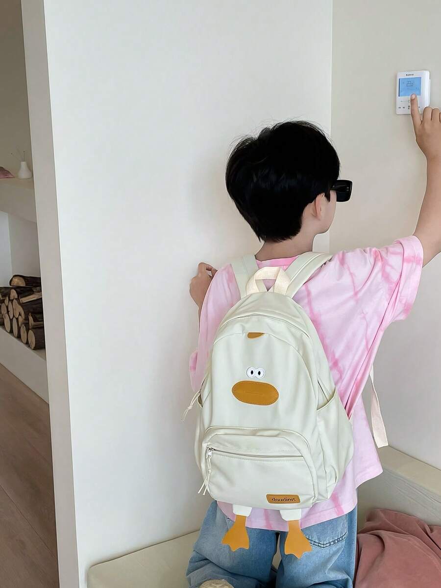 1 pieza mochila de pato de nylon con cierre de cremallera para niños pequeños, linda, adecuada para uso diario en otoño e invierno, beige - Blanco - Ver 1
