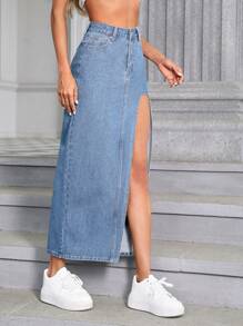 SHEIN 高腰高衩牛仔半身裙 - 淺色水洗藍 - 查看 6