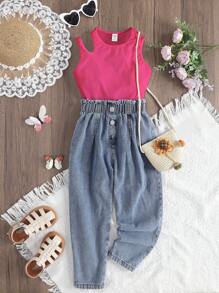 Bộ hai mảnh Gái Cắt ra Túi Quần paper-bag Khối Màu Giải trí - Nhiều màu - Xem 1