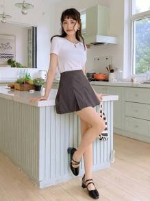 DAZY 高腰褶皱细节裙，返校服装秋季裙子 - 深灰色 - 查看 8