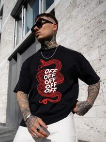 男士字母&蛇印花T恤 - 黑色 - 查看 1