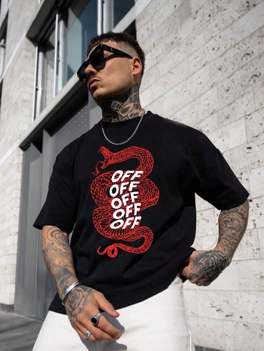 男士字母&蛇印花T恤 - 黑色 - 查看 1