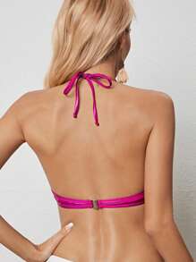 Sequin Decor Halter Bikini Top - Hot Pink - View 2