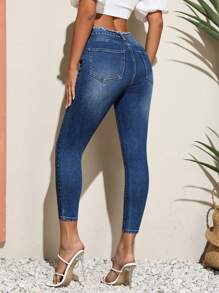 SHEIN Essnce High Waist Ripped Skinny Jeans - Blue - View 2