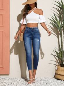SHEIN Essnce High Waist Ripped Skinny Jeans - Blue - View 4