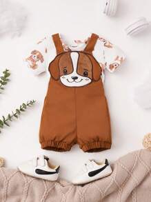 SHEIN Baby Cartoon Graphic Tee & Overall Romper - Multicolor - View 1