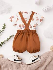 SHEIN Baby Cartoon Graphic Tee & Overall Romper - Multicolor - View 2