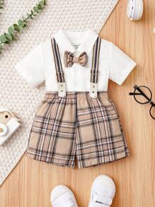 SHEIN Đứa bé trai Nơ mặt trước Áo sơ mi & In kẻ sọc Quần yếm - Nhiều màu - Xem 1