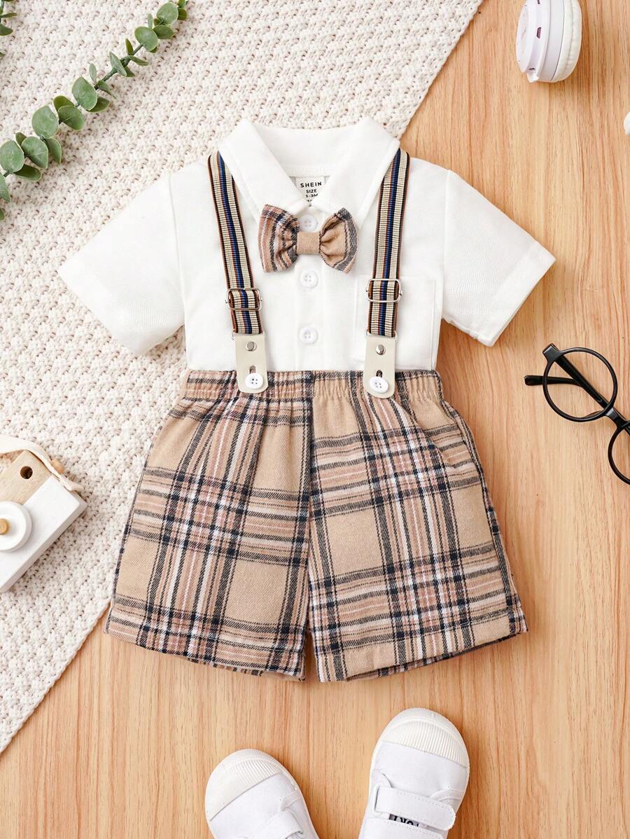 SHEIN Đứa bé trai Nơ mặt trước Áo sơ mi & In kẻ sọc Quần yếm - Nhiều màu - Xem 1