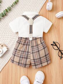 SHEIN Đứa bé trai Nơ mặt trước Áo sơ mi & In kẻ sọc Quần yếm - Nhiều màu - Xem 2