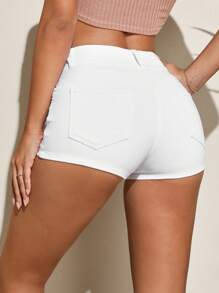 素色牛仔短褲 - 白色 - 查看 2