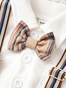SHEIN Đứa bé trai Nơ mặt trước Áo sơ mi & In kẻ sọc Quần yếm - Nhiều màu - Xem 4