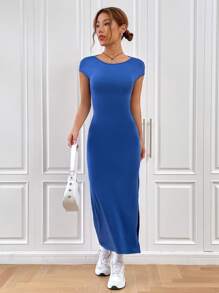 SHEIN EZwear Đầm Lộ Lưng Chia Tách cao màu trơn Gợi cảm - Màu xanh lam - Xem 3