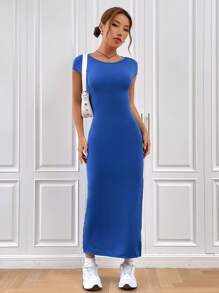 SHEIN EZwear Đầm Lộ Lưng Chia Tách cao màu trơn Gợi cảm - Màu xanh lam - Xem 6