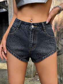 SHEIN ICON Rhinestone Detail Denim Shorts - Black - View 1