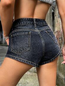 SHEIN ICON Rhinestone Detail Denim Shorts - Black - View 2