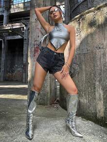 SHEIN ICON Rhinestone Detail Denim Shorts - Black - View 4