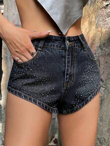 SHEIN ICON Rhinestone Detail Denim Shorts - Black - View 6