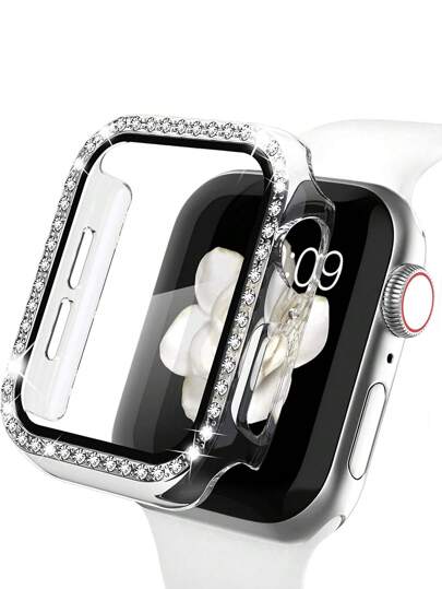 Funda de reloj brillante para mujer, compatible con Apple Watch (38mm, 40mm, 41mm, 42mm, 44mm, 45mm, 46mm, 49mm). Las características del producto incluyen: strass brillantes de moda, a prueba de golpes y arañazos, diseño 2 en 1 pieza duro y protector de vidrio templado), compatible con la serie Ultra/11/10/9/8/7/6/5/4/3/SE, funda de reloj inteligente fácil de usar