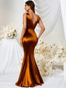 MUXXN cổ áo xếp nếp Chiều dài sàn Xa ten Đầm - màu nâu - Xem 3