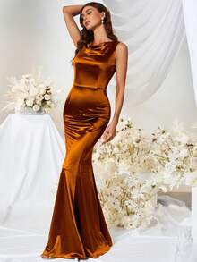 MUXXN cổ áo xếp nếp Chiều dài sàn Xa ten Đầm - màu nâu - Xem 4