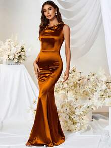 MUXXN cổ áo xếp nếp Chiều dài sàn Xa ten Đầm - màu nâu - Xem 6