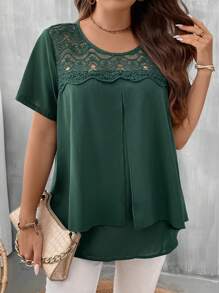 SHEIN LUNE Blusa con encaje en contraste - Verde Oscuro - Ver 1