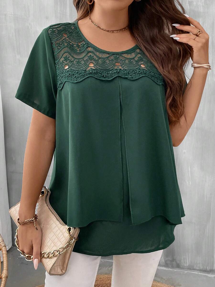 SHEIN LUNE Blusa con encaje en contraste - Verde Oscuro - Ver 1