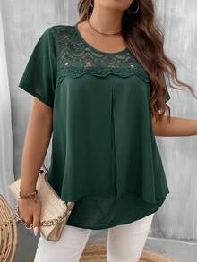 SHEIN LUNE Blusa con encaje en contraste - Verde Oscuro - Ver 3