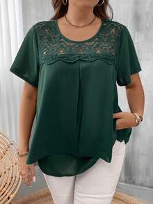 SHEIN LUNE Blusa con encaje en contraste - Verde Oscuro - Ver 4