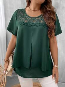 SHEIN LUNE Blusa con encaje en contraste - Verde Oscuro - Ver 5