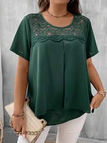 SHEIN LUNE Blusa con encaje en contraste - Verde Oscuro - Ver 6